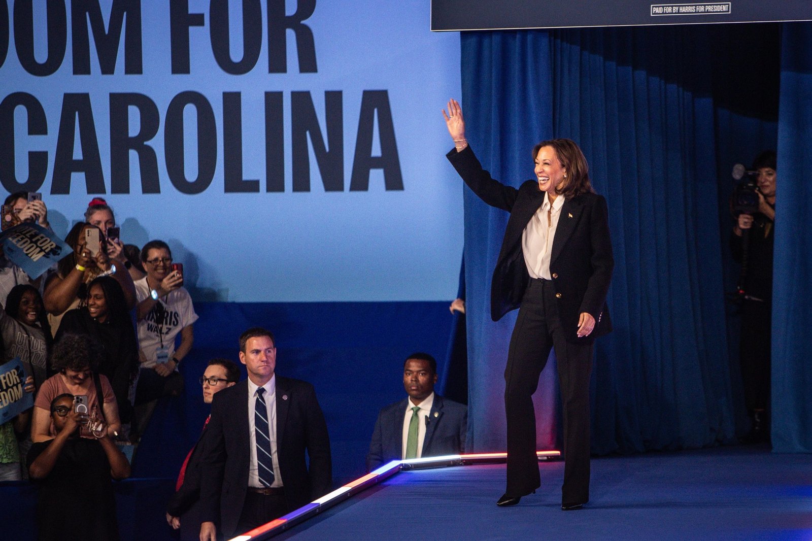 The stage at a Harris Walz campaign rally in North Carolina, 2024.