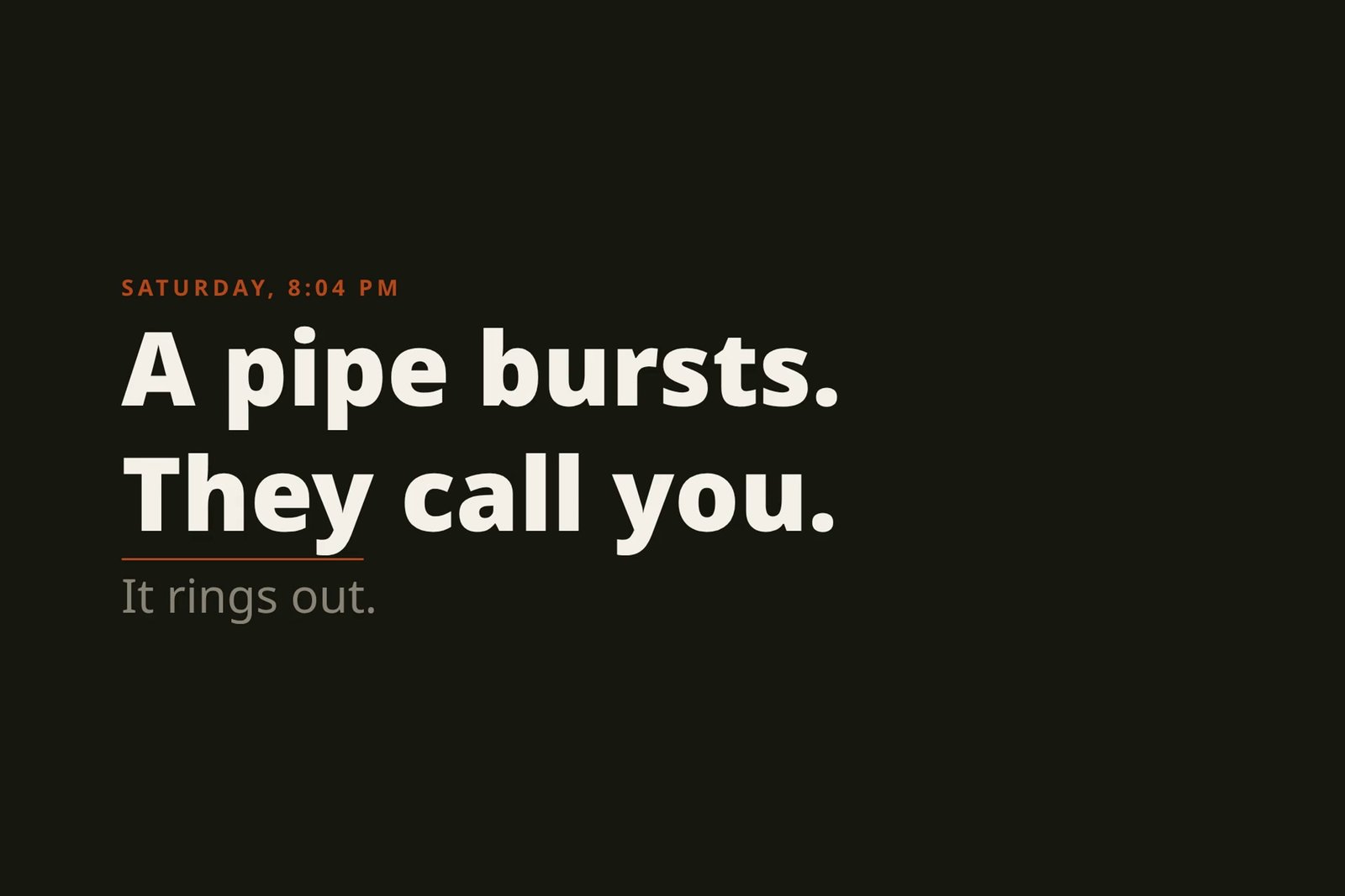 A frame from the Firmkit ad: a pipe bursts and the call rings out.