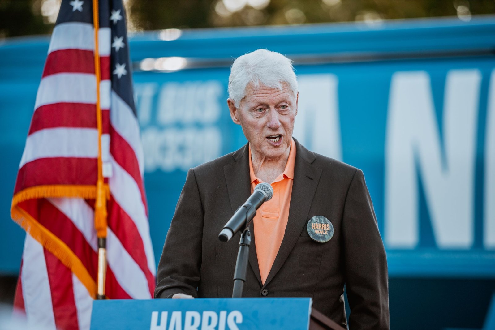 Bill Clinton speaks at a Harris Walz campaign stop in North Carolina, 2024.
