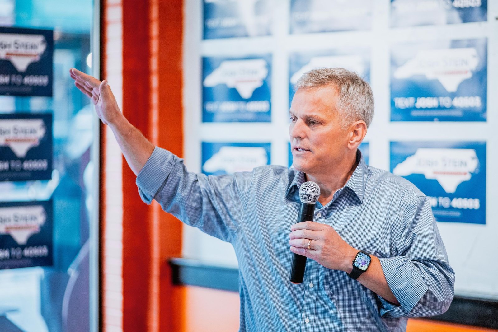 A speaker addresses supporters at a campaign event in North Carolina.