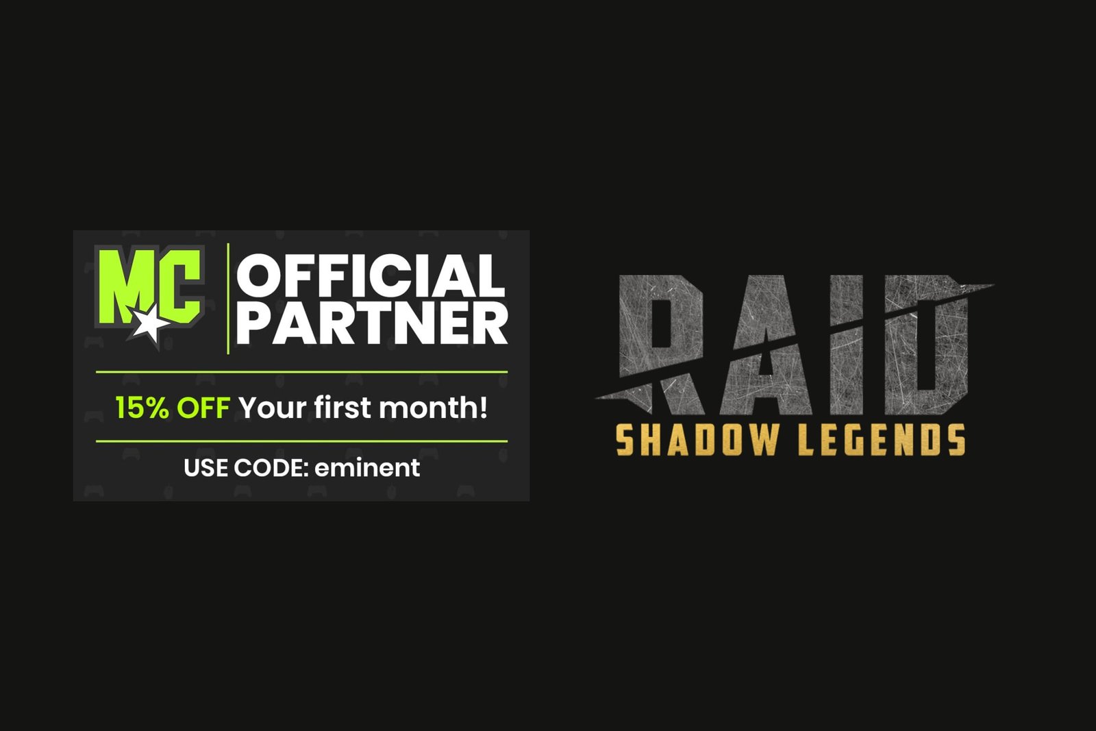 An MCProHosting partner banner for Team Eminent, beside the RAID: Shadow Legends logo.